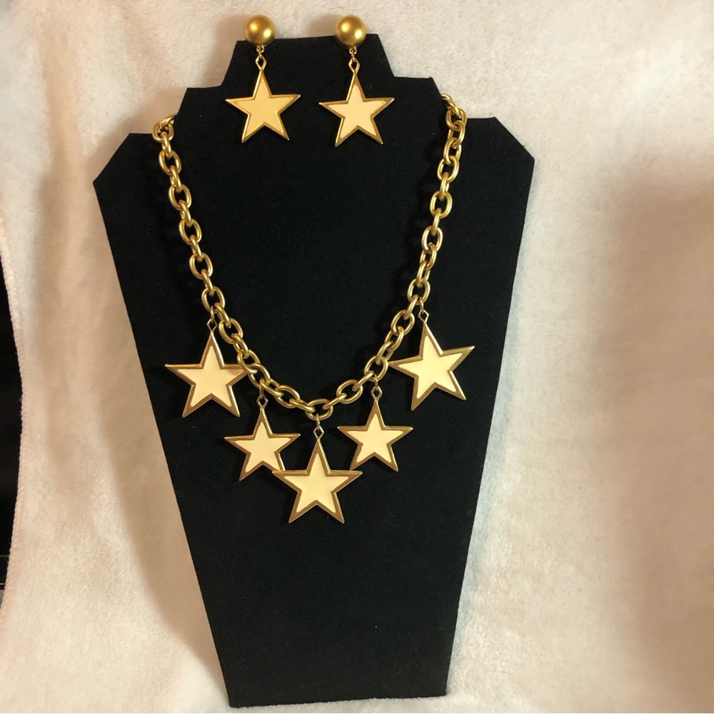 Premier Designs matte gold and cream stars necklace and pierced earrings set